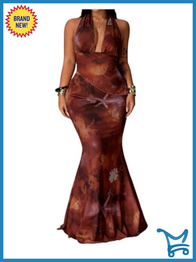 Plus Size Halter Neck 2 Piece Skirt Set Bodycon Maxi Vacation Outfit